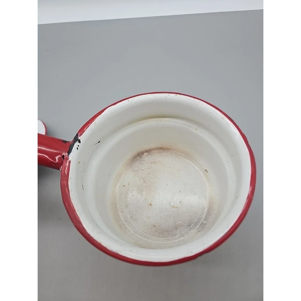 Collectible Vintage Enamelware Saucepan Pot White with Red‎ Trim Handle Lid